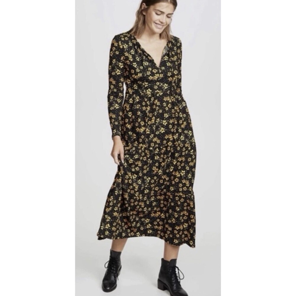 Free People Women’s Size Medium Tiers Of Joy Yellow Floral Print Midi Dress